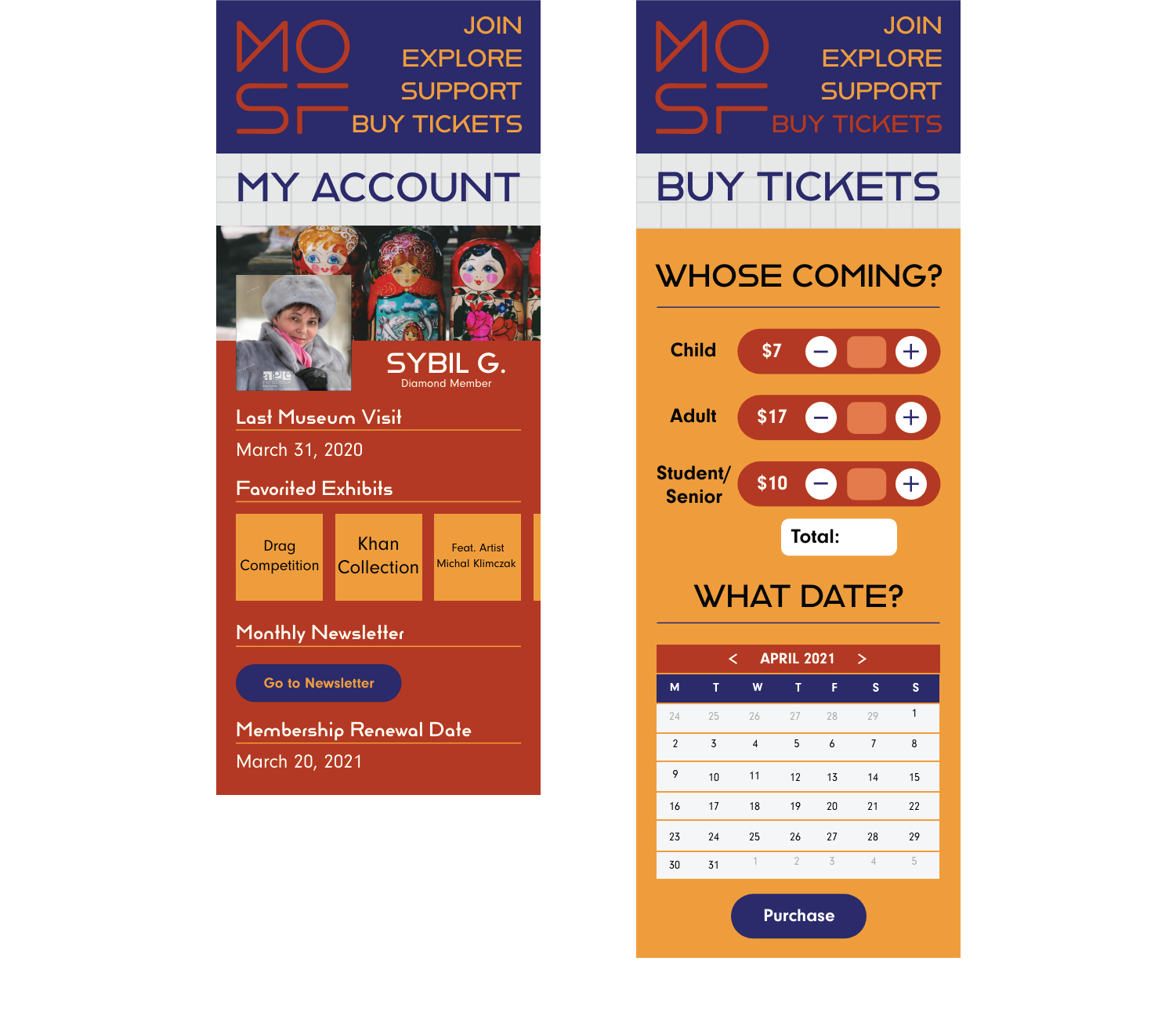 But Tickets and Profile Hi-fi Wireframe mobile pages